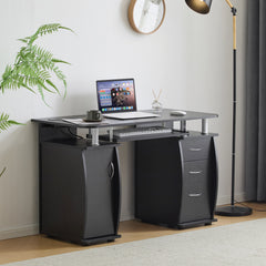 Haoyye PB Wood Computer Desk with One Door and Three Drawers, Portable, Sturdy, and Stylish Black Workspace for Home Offices, Small Apartments, and Dorms, Durable 15mm PB Wood for Long-Lasting Use