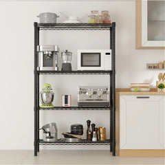 HAOYYE 4-Layer Black Plastic Coated Iron Shelf Heavy Duty Storage Rack Freestanding Utility Metal Shelving Unit with Adjustable Feet for Garage Kitchen Pantry Basement Office Durable Organizer for Tools Supplies Equipment