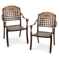 Haoyye Patio Chairs Set of 2, Stackable Outdoor Cast Aluminum Dining Chairs with Plaid Pattern and Vintage Bronze Finish, Weather Resistant Metal Armchairs for Balcony, Backyard, Deck, Porch or Poolside, No Cushion Included