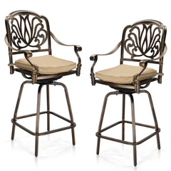 Haoyye Outdoor Swivel Bar Stools Set of 2, Cast Aluminum Patio Bar Height Chairs, All-Weather Bar Dining Chairs with Elegant Elizabethan Back, Sturdy Construction, and Comfortable Design, Perfect for Gardens, Patios, and Porches