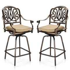 Haoyye Outdoor Swivel Bar Stools Set of 2, Cast Aluminum Patio Bar Height Chairs, All-Weather Bar Dining Chairs with Elegant Elizabethan Back, Sturdy Construction, and Comfortable Design, Perfect for Gardens, Patios, and Porches