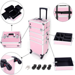 Haoyye 4 in 1 Aluminum Cosmetic Makeup Case, Durable and Portable Pink Beauty Storage Box for Brushes, Tools, and Accessories, Stylish Professional Organizer for Makeup Artists, Hairstylists, and Beauty Enthusiasts