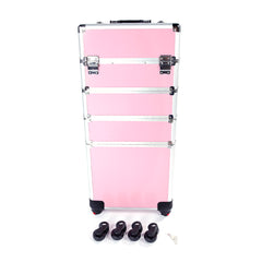 Haoyye 4 in 1 Aluminum Cosmetic Makeup Case, Durable and Portable Pink Beauty Storage Box for Brushes, Tools, and Accessories, Stylish Professional Organizer for Makeup Artists, Hairstylists, and Beauty Enthusiasts