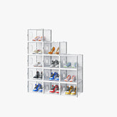 HAOYYE White Large Stackable Shoe Storage Boxes Set of 12 Plastic Mesh Freely Combinable Shoe Organizer Containers for Closet Entryway Bedroom Office Foldable Space Saving Design for Sneakers Flats Boots Transparent Front Easy Access