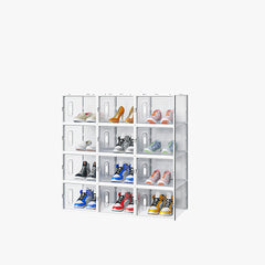 HAOYYE White Large Stackable Shoe Storage Boxes Set of 12 Plastic Mesh Freely Combinable Shoe Organizer Containers for Closet Entryway Bedroom Office Foldable Space Saving Design for Sneakers Flats Boots Transparent Front Easy Access