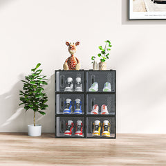 HAOYYE 6 Pack Black Plastic Mesh Shoe Storage Boxes with Lids Stackable Breathable Large Capacity Organizer for Closet Entryway Garage Freely Combinable Modular Design for Sneakers and Accessories