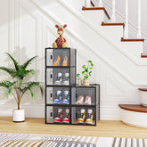 HAOYYE 6 Pack Black Plastic Mesh Shoe Storage Boxes with Lids Stackable Breathable Large Capacity Organizer for Closet Entryway Garage Freely Combinable Modular Design for Sneakers and Accessories