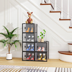 HAOYYE 6 Pack Black Plastic Mesh Shoe Storage Boxes with Lids Stackable Breathable Large Capacity Organizer for Closet Entryway Garage Freely Combinable Modular Design for Sneakers and Accessories