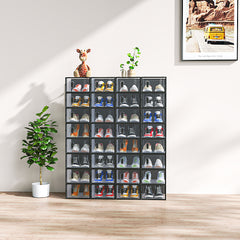 HAOYYE Black Stackable Plastic Shoe Storage Boxes Set of 32 Small Size Freely Combinable Ventilated Mesh Shoe Organizer Containers for Closet Entryway Bedroom Office Space Saving Foldable Design for Sneakers Heels Flats Boots
