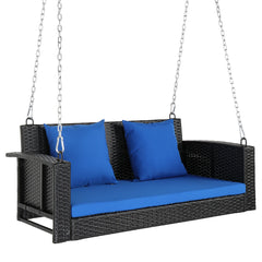 HAOYYE Rattan Swing Chair Outdoor Hanging Bench with Cushion and Pillows PE Wicker Patio Loveseat without Frame Heavy Duty Design with Chains and Locks for Porch Garden Balcony Relaxation
