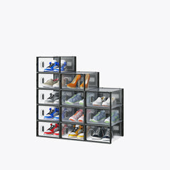 HAOYYE 12-Piece Black Plastic Shoe Storage Box Set with Mesh Panels, Stackable Modular Organizer for Closet Entryway Under Bed, Breathable Clear Visibility Storage for Shoes and Accessories