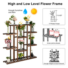 HAOYYE Indoor Outdoor Wooden Plant Stand 6 Tier 11 Potted Holder Shelf Carbonized Pine Multifunctional Display Rack with Stable Structure for Balcony Garden Patio Living Room Storage Decor