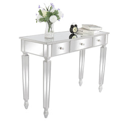 HAOYYE Three Drawers Mirror Dressing Table Console Table Silver Makeup Vanity with Storage Drawers