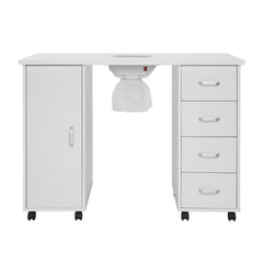 HAOYYE MDF Single Door Nail Table with Four Drawers and Built-in Fan White Professional Manicure Desk for Nail Technicians Salon Beauty Spa Workspace Storage Station