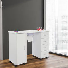 HAOYYE MDF Single Door Nail Table with Four Drawers and Built-in Fan White Professional Manicure Desk for Nail Technicians Salon Beauty Spa Workspace Storage Station