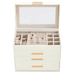 HAOYYE Deluxe 2-Drawer Jewelry Box with Clear Top White Wooden Case Pink Velvet Lining Elegant Storage for Accessories