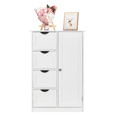 HAOYYE Single Door Bathroom Storage Cabinet with Four Drawers, White, Space-Saving Modern Design, Durable Construction, Easy Assembly, Perfect for Organizing Toiletries and Bathroom Essentials