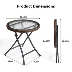 HAOYYE Outdoor Side Table Round Rattan Patio Table Small Foldable Wicker End Table with Tempered Glass Top for Balcony Lawn Garden Porch Deck Pool Compact Weather Resistant Coffee Table for Outdoor Furniture Use Brown