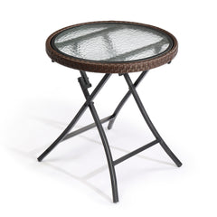 HAOYYE Outdoor Side Table Round Rattan Patio Table Small Foldable Wicker End Table with Tempered Glass Top for Balcony Lawn Garden Porch Deck Pool Compact Weather Resistant Coffee Table for Outdoor Furniture Use Brown