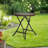 HAOYYE Outdoor Side Table Round Rattan Patio Table Small Foldable Wicker End Table with Tempered Glass Top for Balcony Lawn Garden Porch Deck Pool Compact Weather Resistant Coffee Table for Outdoor Furniture Use Brown