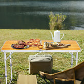 HAOYYE Portable Multipurpose Folding Table Wood Grain Color Lightweight Aluminum Camping Table with Handle Waterproof Scratch Resistant Surface for Outdoor Picnic BBQ Travel Indoor Home Office Use