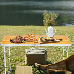 HAOYYE Portable Multipurpose Folding Table Wood Grain Color Lightweight Aluminum Camping Table with Handle Waterproof Scratch Resistant Surface for Outdoor Picnic BBQ Travel Indoor Home Office Use