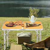 HAOYYE Aluminum Alloy Folding Table Wood Grain Color Lightweight Portable Picnic Table with Carry Handle Adjustable Height Waterproof Surface for Camping BBQ Indoor Outdoor Travel Events