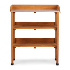 HAOYYE Outdoor Garden Potting Bench Table with Durable Metal Tabletop, Wooden Horticulture Workstation Featuring 2 Spacious Storage Shelves and 3 Convenient Hooks, Natural Wood Finish for Planting and Gardening Organization