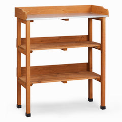 HAOYYE Outdoor Garden Potting Bench Table with Durable Metal Tabletop, Wooden Horticulture Workstation Featuring 2 Spacious Storage Shelves and 3 Convenient Hooks, Natural Wood Finish for Planting and Gardening Organization