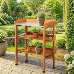 HAOYYE Outdoor Garden Potting Bench Table with Durable Metal Tabletop, Wooden Horticulture Workstation Featuring 2 Spacious Storage Shelves and 3 Convenient Hooks, Natural Wood Finish for Planting and Gardening Organization