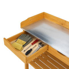 HAOYYE Outdoor Garden Potting Bench Table Wooden Planting Workstation with Metal Tabletop 2 Storage Drawers Bottom Shelf and 3 Side Hooks for Patio Balcony Greenhouse Backyard Natural Wood
