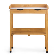 HAOYYE Outdoor Garden Potting Bench Table Wooden Planting Workstation with Metal Tabletop 2 Storage Drawers Bottom Shelf and 3 Side Hooks for Patio Balcony Greenhouse Backyard Natural Wood