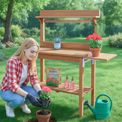 HAOYYE Outdoor Wooden Potting Bench Table with Folding Pallet Metal Tabletop and Storage Shelves Garden Planting Workstation for Backyard Balcony Patio Natural Wood Horticulture Gardening Organizer