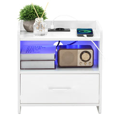 DE Direct HAOYYE White Bedside Table with Single Drawer LED Light and Built-in Power Socket Modern Nightstand for Bedroom Living Room Dorm Minimalist End Table with Storage