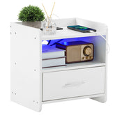 DE Direct HAOYYE White Bedside Table with Single Drawer LED Light and Built-in Power Socket Modern Nightstand for Bedroom Living Room Dorm Minimalist End Table with Storage