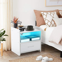 DE Direct HAOYYE White Bedside Table with Single Drawer LED Light and Built-in Power Socket Modern Nightstand for Bedroom Living Room Dorm Minimalist End Table with Storage