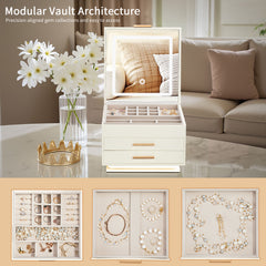 HAOYYE LED Jewelry Box with Mirror Light 3-Color Glow 2 Drawers Velvet Organizer White and Pink for Vanity Bedroom Gift Travel