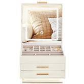 HAOYYE LED Jewelry Box with Mirror Light 3-Color Glow 2 Drawers Velvet Organizer White and Pink for Vanity Bedroom Gift Travel