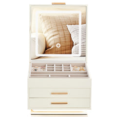 HAOYYE LED Jewelry Box with Mirror Light 3-Color Glow 2 Drawers Velvet Organizer White and Pink for Vanity Bedroom Gift Travel