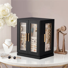 HAOYYE 360° Rotating Jewelry Box with 5 Drawers, Black Exterior and Pink Velvet Interior, Compact Multi-Compartment Organizer for Rings, Necklaces, Earrings
