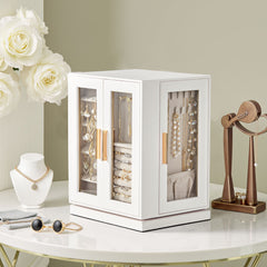 HAOYYE 360° Rotating Jewelry Box with 5 Spacious Drawers, Elegant White Cabinet and Soft Pink Velvet Lining, Multi-Functional Jewelry Organizer for Rings, Necklaces, Earrings, and Accessories