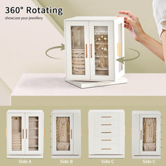 HAOYYE 360° Rotating Jewelry Box with 5 Spacious Drawers, Elegant White Cabinet and Soft Pink Velvet Lining, Multi-Functional Jewelry Organizer for Rings, Necklaces, Earrings, and Accessories