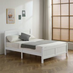HAOYYE White Wooden Bed Frame with Vertical Stripe Full-Board Curved Headboard and Matching Footboard, Solid Pine Single-Layer Core Construction, Durable and Stylish Design for Bedroom, Easy Assembly