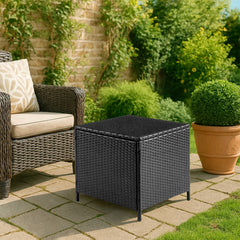 HAOYYE Outdoor PE Wicker Side Table with Storage Patio Rattan End Table Square Container for Furniture Covers Toys Gardening Tools Black All-Weather Design