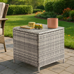 HAOYYE Outdoor PE Wicker Side Table with Storage Bin, Square Rattan Patio End Table for Furniture Covers Toys Gardening Tools and Outdoor Essentials, Grey Weather Resistant Storage Container for Porch Garden Balcony