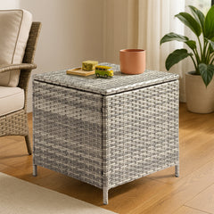 HAOYYE Outdoor PE Wicker Side Table with Storage Bin, Square Rattan Patio End Table for Furniture Covers Toys Gardening Tools and Outdoor Essentials, Grey Weather Resistant Storage Container for Porch Garden Balcony