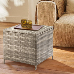 HAOYYE Outdoor PE Wicker Side Table with Storage Bin, Square Rattan Patio End Table for Furniture Covers Toys Gardening Tools and Outdoor Essentials, Grey Weather Resistant Storage Container for Porch Garden Balcony