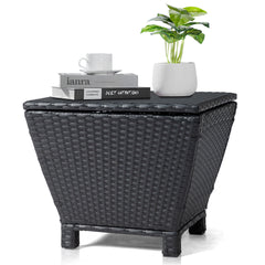 HAOYYE Outdoor PE Wicker Side Table with Storage Bin Container for Patio Garden Balcony Use, Small Rattan End Table for Hose Towel Cushion Organization, Black Weather Resistant Accent Table
