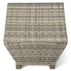 HAOYYE Outdoor PE Wicker Side Table with Hidden Storage Grey Small Patio Storage Box Container for Garden Hose Towels Cushions Weather Resistant Rattan End Table for Balcony Porch Deck Poolside