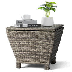 HAOYYE Outdoor PE Wicker Side Table with Hidden Storage Grey Small Patio Storage Box Container for Garden Hose Towels Cushions Weather Resistant Rattan End Table for Balcony Porch Deck Poolside